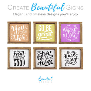 DIY reusable mini motivational quotes wood sign stencil cutouts, you got this stencil, go be great wood sign stencil, start today sign stencil, focus on the good, the future is mine, i can do hard things, motivational office decor, office shelf signs, new year decor, diy affirmations