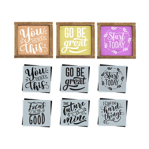 DIY reusable mini motivational quotes wood sign stencil cutouts, you got this  stencil, go be great wood sign stencil, start today sign stencil, focus on the good, the future is mine, i can do hard things, motivational office decor, office shelf signs, new year decor, diy affirmations 